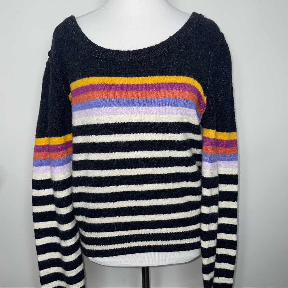 Free People Black Rainbow Striped Fuzzy Alpaca Blend Sweater